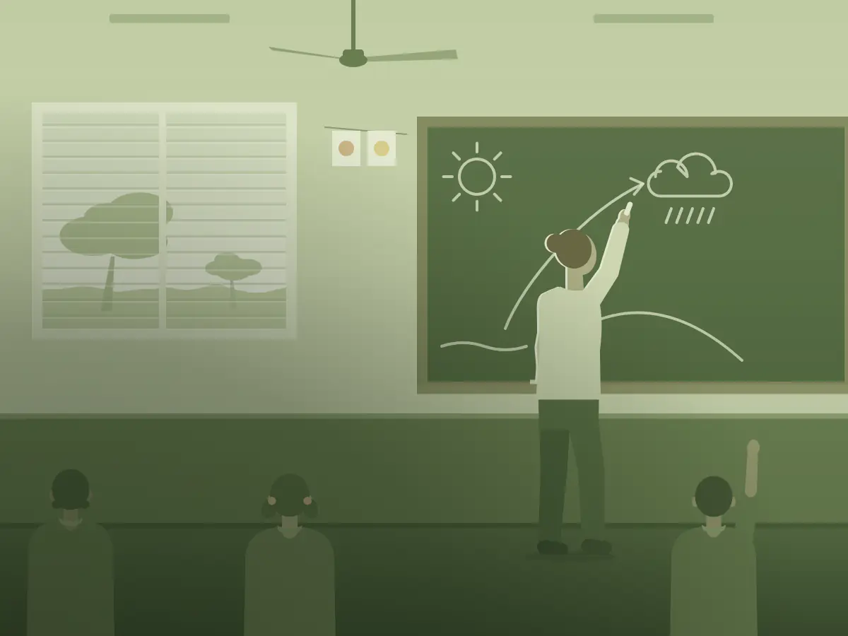 A teacher draws the water cycle on the board while a student raises a hand.