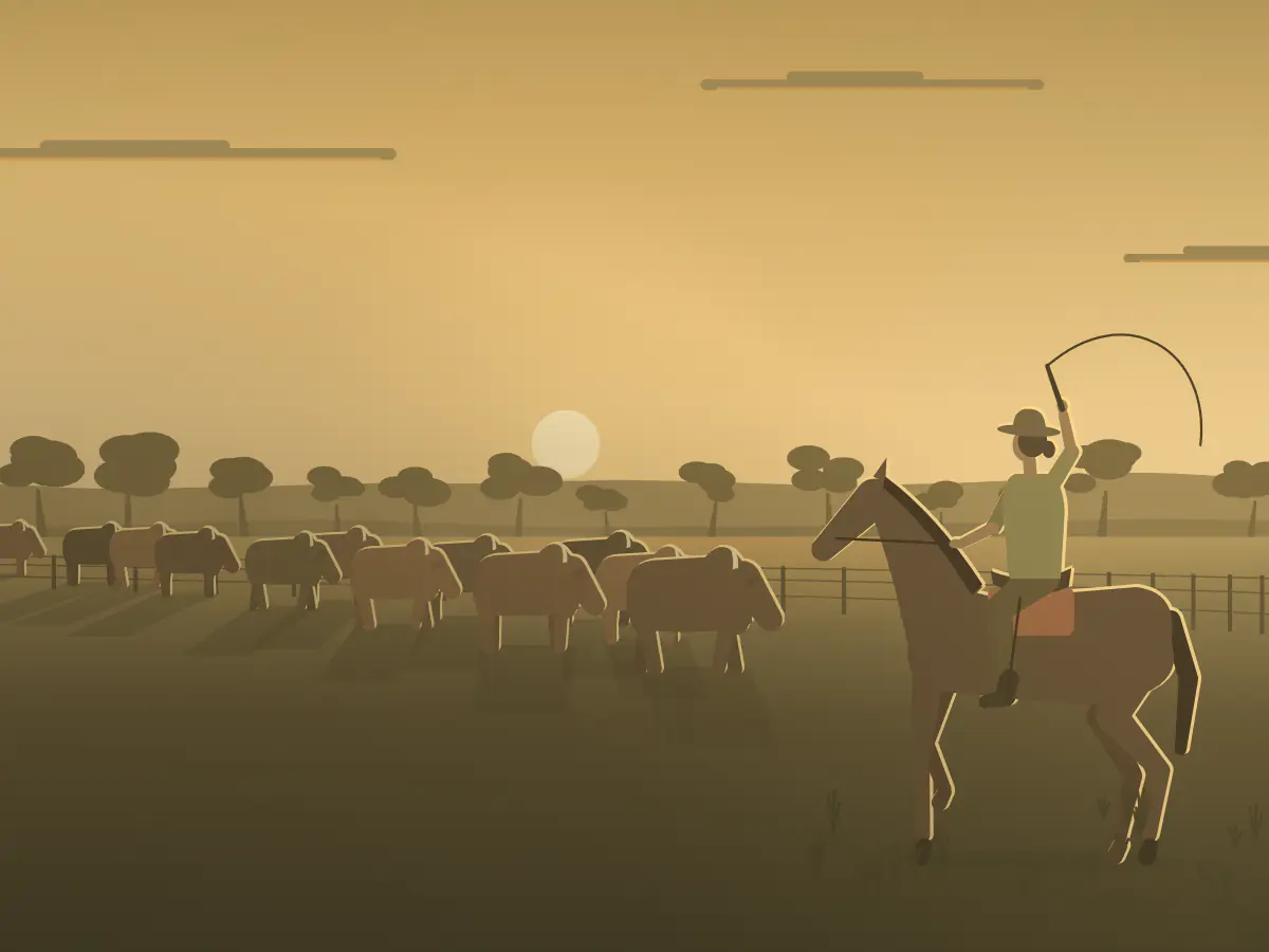 A drover on her stock horse moves a mob of cattle along a fence line at golden hour.