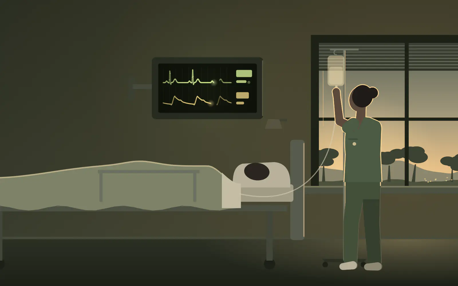 A nurse checks a drip beside a hospital bed, paddocks outside the ward window.