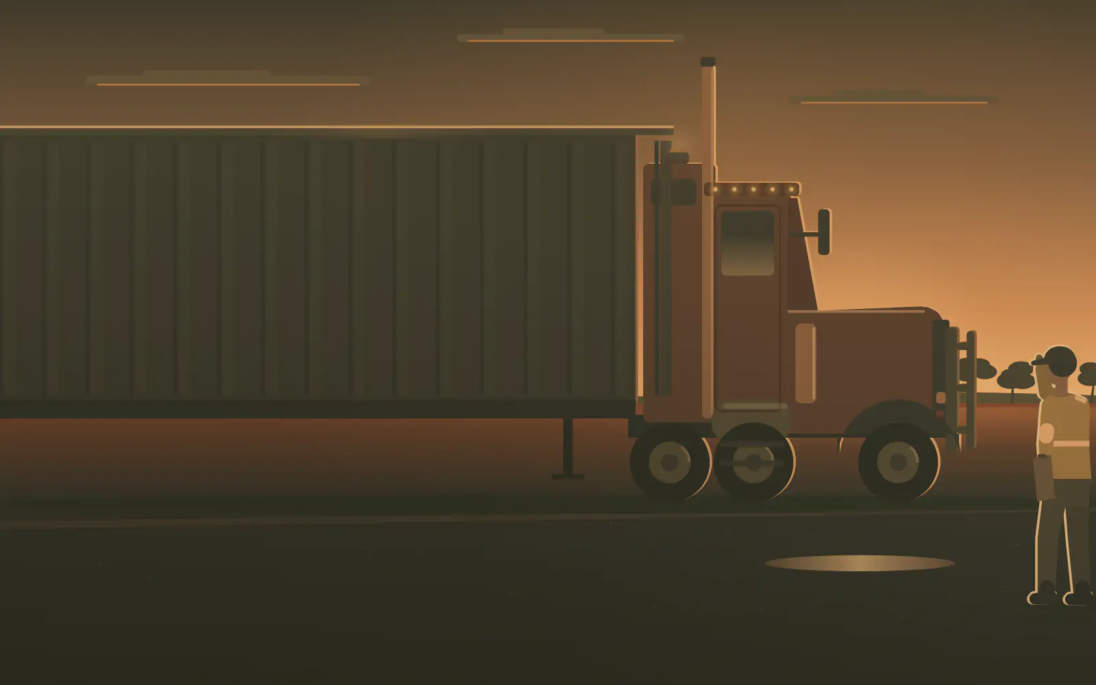 A truck driver in hi-vis checks a road train at a country truck stop.