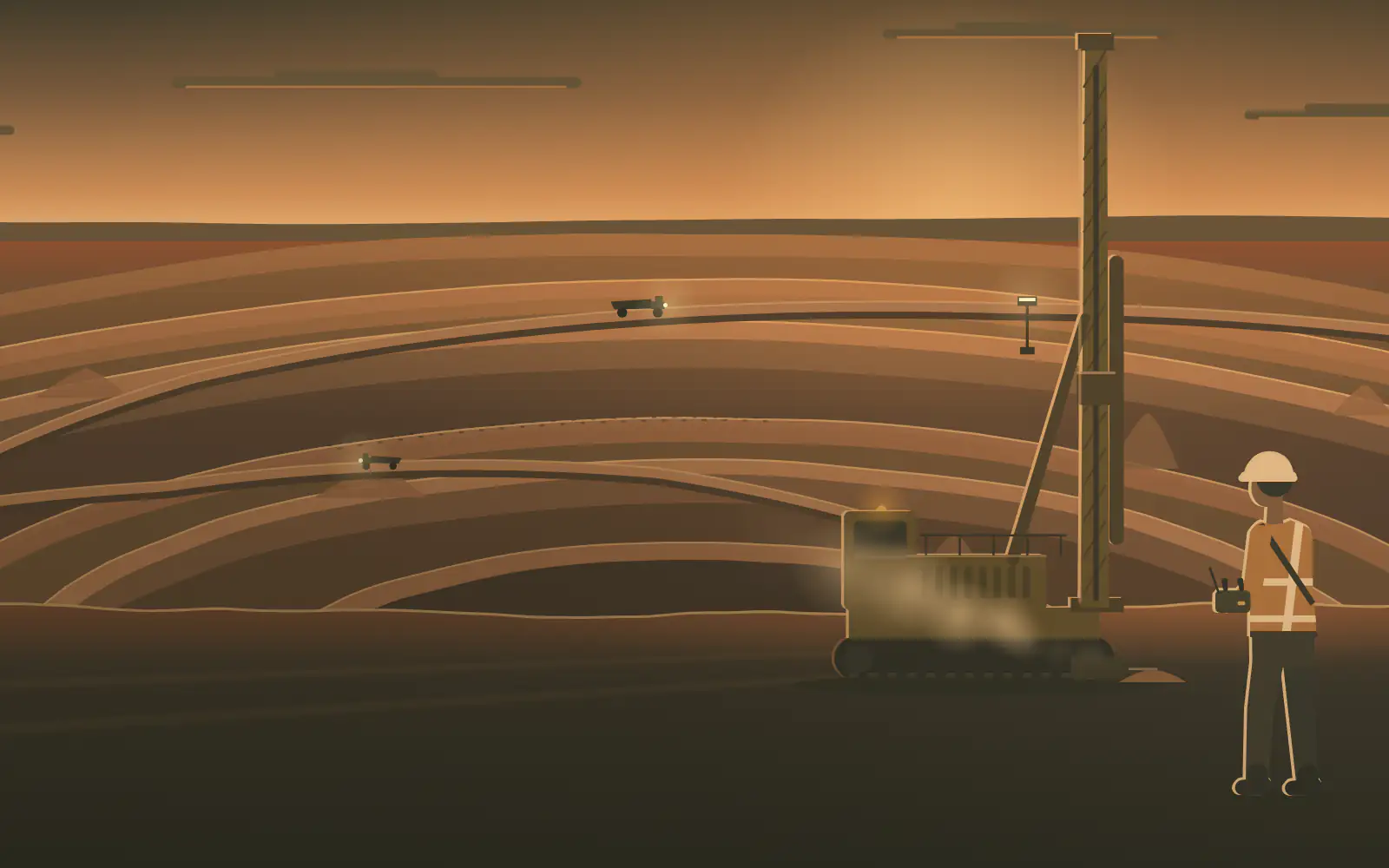 A driller in hi-vis works a blast-hole rig by remote on a bench of a red-earth open cut.