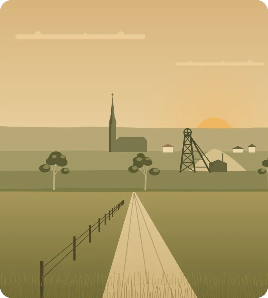 Bendigo in the late afternoon: a church spire over the town, a poppet head and a gravel road past a fence line.