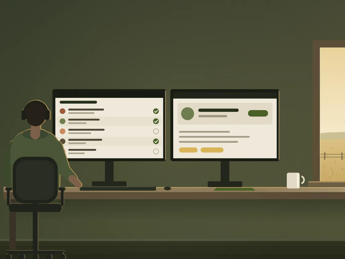 A recruiter at a desk by a paddock window, a shortlist of candidates with ticks on one screen and a candidate's profile on the other.